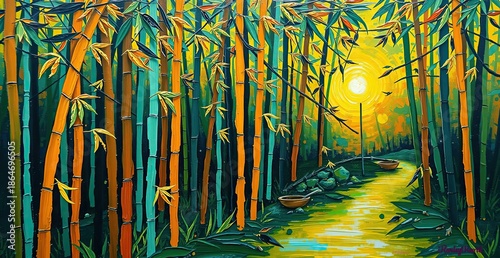 Vibrant Bamboo Forest at Sunset: Modern Abstract Oil Painting with Impasto Texture and Golden Sunlight Rays