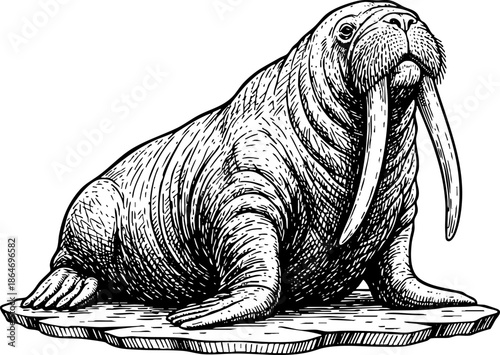 Detailed hand drawn walrus illustration antique style graphic