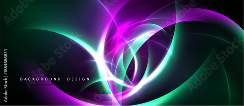 Abstract neon lights create flowing curves, vibrant gradients. Dark background emphasizes bright colors, dynamic energy.