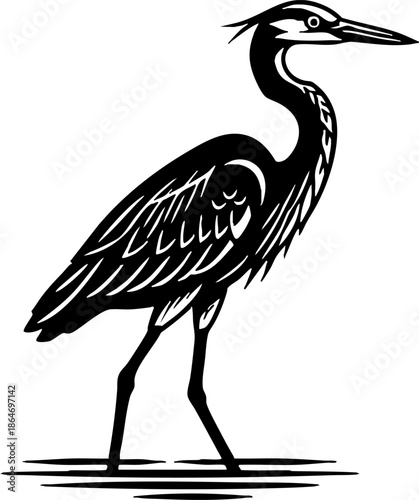 Stylized black and white drawing of a wading heron bird standing.