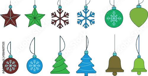 Vector illustration of a set of shiny blue and gold decorations with hanging glass balls, baubles and snowflake ornaments.