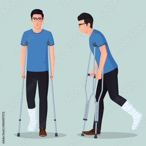 Man with a Broken Foot Walking with Crutches, Young man with cast bandage on Leg Front and Side View Vector Illustration