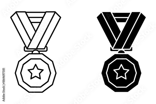 A black and white illustration of two medals with stars on a plain background