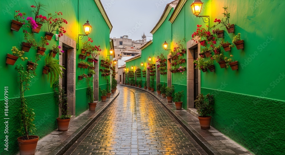 Fototapeta premium Rain-kissed green alleyway with glowing lanterns, hanging flower pots, and reflective cobblestones stretching toward distant rooftops, creating a fresh, romantic historic street full of color, texture