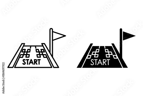 A black and white illustration of two maze race tracks with a start flag at the beginning