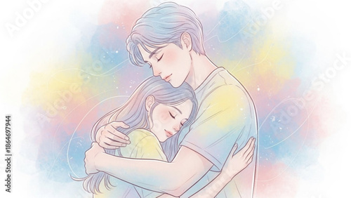 Couple embracing with tenderness romantic illustration with watercolor background symbolizing love and connection for Valen