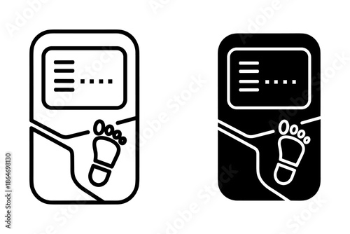 A black and white illustration of two scales with footprints on them