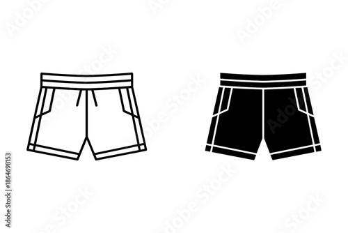 A simple line drawing of two pairs of shorts in black and white