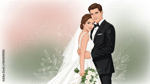 Elegant wedding couple bride in white dress and groom in tuxedo romantic portrait for invitation or celebration design soft