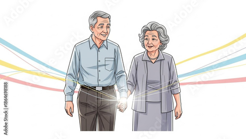 Elderly couple holding hands smiling warmly representing love and companionship isolated on white background with colorful 