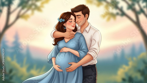 Pregnant couple embracing outdoors expecting parents in love maternity portrait for family and lifestyle concepts