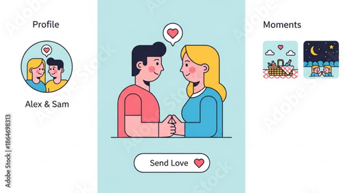 Couple in love flat vector illustration for dating app profile and social media romantic concept with heart icon