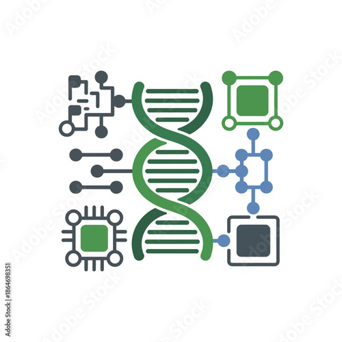 A graphic representation of genetic engineering and biotechnology with DNA and microchip elements.