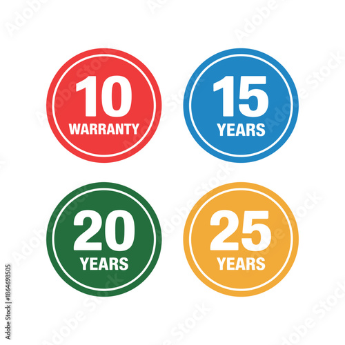 A graphic illustration of colorful warranty and years badges on a white background