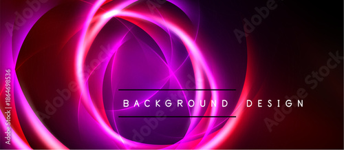 Abstract neon circles, vibrant pinks, reds blend into dark background. Modern design element for digital projects.