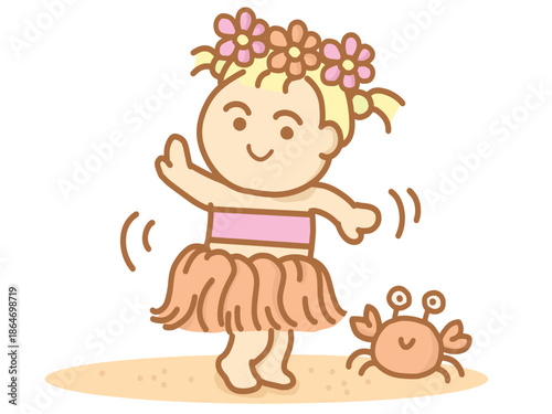 ​Cute Little Girl Dancing Hula on the Beach with a Happy Crab