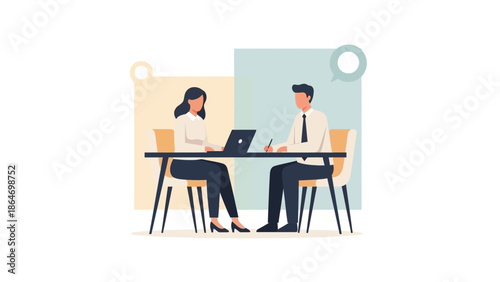 Professional Business Meeting Between Man and Woman Discussing Strategies at Office Table