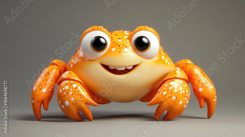 Cute orange cartoon crab with big eyes smiling on neutral background, playful expression, bright color and glossy texture
