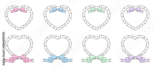 フリルとリボンのハートフレームのベクターイラストセット