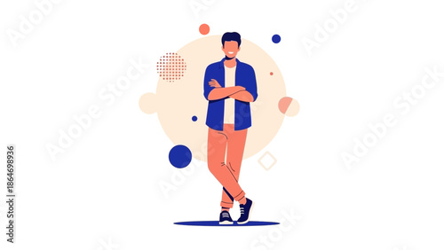 Stylish young man standing confidently with crossed arms and casual attire in a modern digital