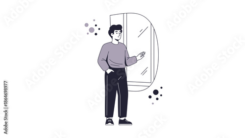 stylish young man standing indoors looking out of window with modern casual outfit and