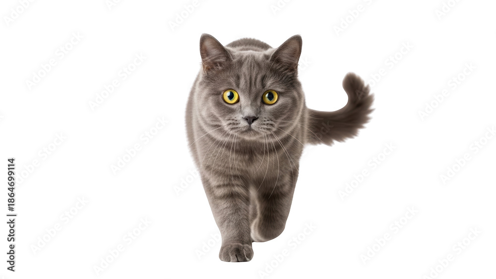 Fototapeta premium A fluffy grey cat with bright yellow eyes walking forward.