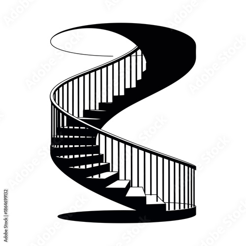 A black and white illustration of a spiral staircase with a sleek design