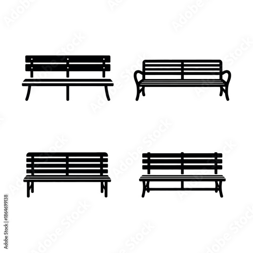Four different types of benches are shown in a simple black and white illustration.