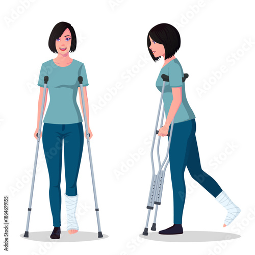 Woman with a Broken Foot Walking with Crutches, Young Woman with cast bandage on Leg Front and Side View Vector Illustration