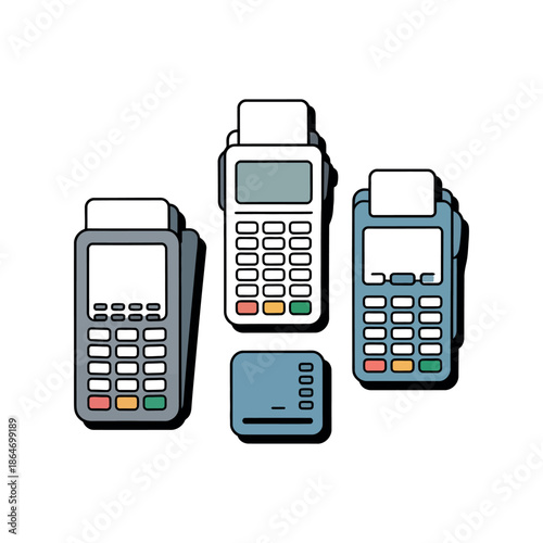 A collection of modern payment terminals and a credit card on a white background