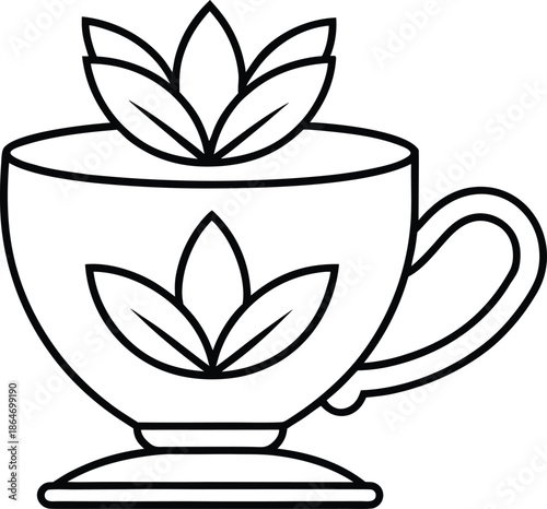 A simple black and white line drawing depicts a tea cup filled with liquid and decorative leaves