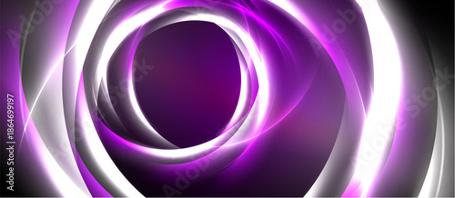Abstract swirls, purple hues, bright white lines create dynamic circular pattern. Dark background emphasizes glowing energy.