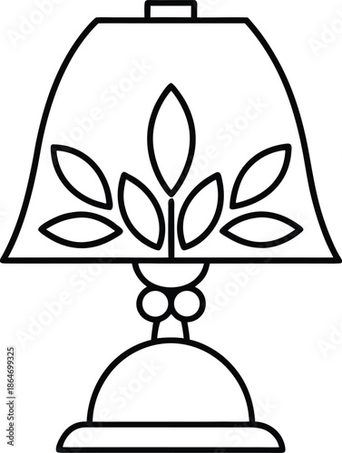 A simple black and white outline drawing of a classic table lamp with decorative floral elements