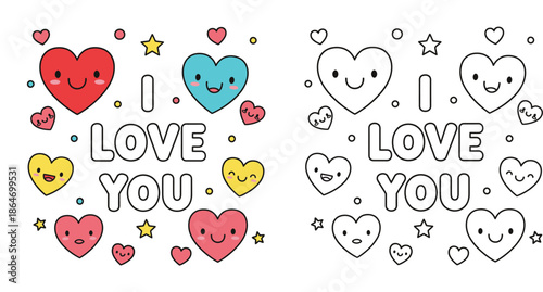 Cute kawaii hearts coloring page with I Love You text, colored and outline vector illustration for Valentine's Day and kids activity