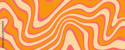 Wavy Swirl Seamless Pattern in Orange and Pink Colors. Hand-Drawn Vector Illustration. Seventies Style, Groovy Background, Wallpaper, Print. Flat Design, Hippie Aesthetic.