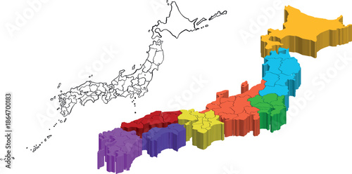 Simplified 3D Japan Map Isometric Style, Geographic Country Shape Illustration with Transparent Background Vector Design