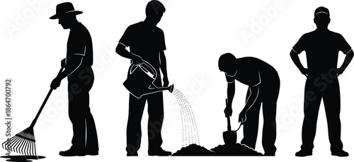 Gardening silhouettes, outdoor work icons, people with tools, landscaping activity set, garden maintenance poses, flat vector illustration