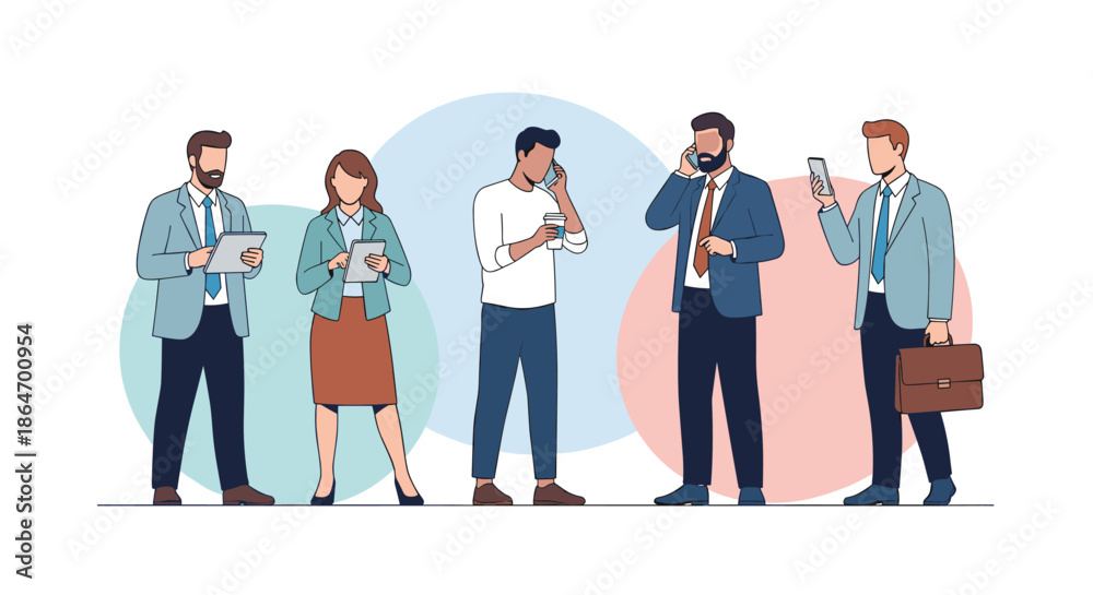 Obraz premium Business people standing and engaging with technology like tablets and smartphones, representing modern connectivity and workflow.