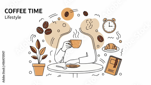 Person enjoying a hot cup of coffee at a table with a croissant.