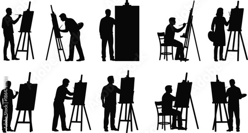 Artist, painter, silhouette, easel, drawing, painting, creative, studio, art, brush, palette, pose, figure, black, illustration, design, sketch, talent, inspiration, creativity