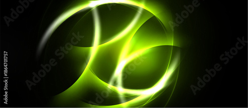 Bright green swirls dominate dark background. Abstract design evokes energy, motion, light effects. Smooth curves create dynamic visual impact.
