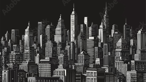 Monochromatic cityscape with numerous tall buildings and skyscrapers.