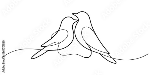 Romantic Posters, Wall Decor, Prints, Social Media, continuous line drawing of birds with love. one line drawing of birds singing love on a tree branch, card, poster, brochure, doodle, sign