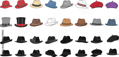 Hat collection, fashion accessories, colorful headwear, stylish hats, silhouette hats, vintage styles, modern design, variety of hats, illustration set, headgear