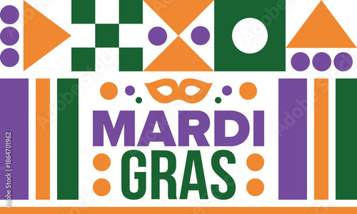 Mardi Gras Carnival in New Orleans. Fat Tuesday. Traditional holiday, celebration annual. Folk festival, costume masquerade, fun party. Carnival mask. Poster, card, banner and background. Vector