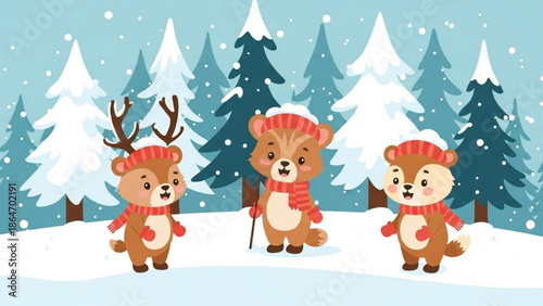 Cute cartoon animals in winter forest wearing hats and scarves with snow falling perfect for holiday greeting cards and childrens book illustrations