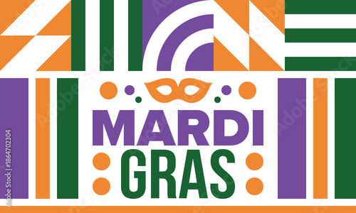 Mardi Gras Carnival in New Orleans. Fat Tuesday. Traditional holiday, celebration annual. Folk festival, costume masquerade, fun party. Carnival mask. Poster, card, banner and background. Vector