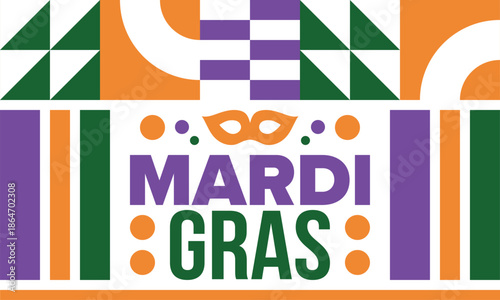 Mardi Gras Carnival in New Orleans. Fat Tuesday. Traditional holiday, celebration annual. Folk festival, costume masquerade, fun party. Carnival mask. Poster, card, banner and background. Vector