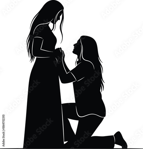 Romantic marriage proposal silhouette, same sex couple engagement moment, love commitment concept, kneeling proposal scene, minimalist black illustration