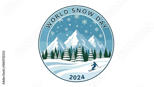 World Snow Day 2024 illustration featuring a skier on a snowy mountain landscape with pine trees and snowflakes perfect for winter event promotion